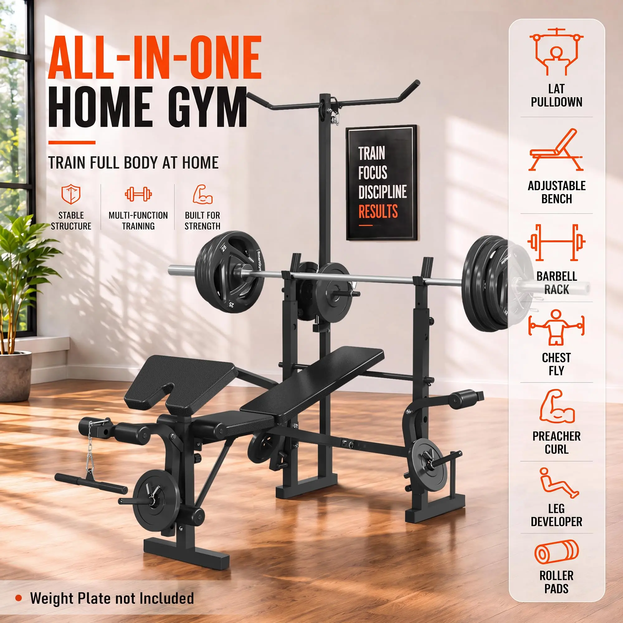 6-In-1 1.5mm Steel Foldable Weight Bench Home Gym Combo - Strength Workout Equipment with 4 Backrest Angles, 5 Barbell Rack, Leg Extension, Preacher Curl, Adjustable Press Station, 900LB Capacity, Space-Saving, Easy Maintenance