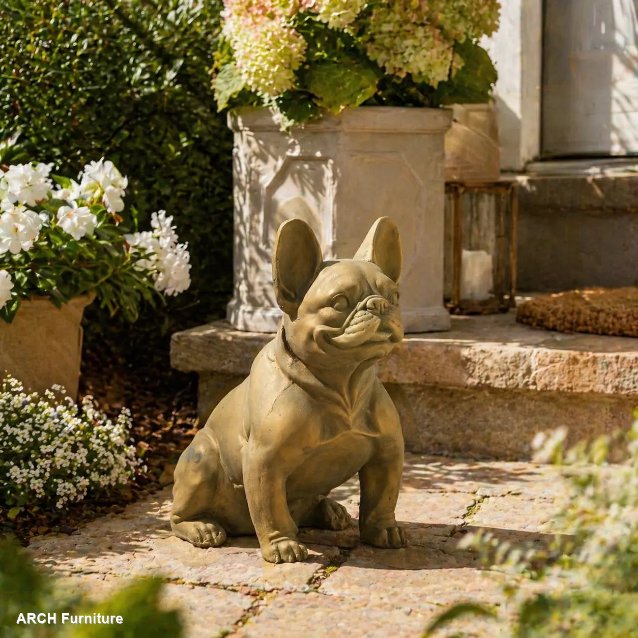 Rustic Gold Arch French Bulldog Cast Stone Garden Sculpture - Whimsical, Decorative Gardening-Themed, Tranquil, Classic, Cottage Garden Statues, No Assembly Required, Outdoor Backyard Accessories, Whimsical Garden Statues
