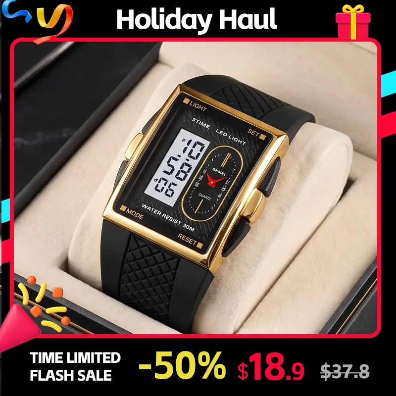 SKMEI Modern Fashion Men's Digital Wristwatch - Casual Watch with Metal Frame, Rectangle Zinc Alloy Case, Large Display, Analog Sub-Dial, Stopwatch, Alarm, Date, LED Backlight, Soft TPU Band, Ultra-Portable Waterproof Outdoor Daily Wear & Gifting Watch
