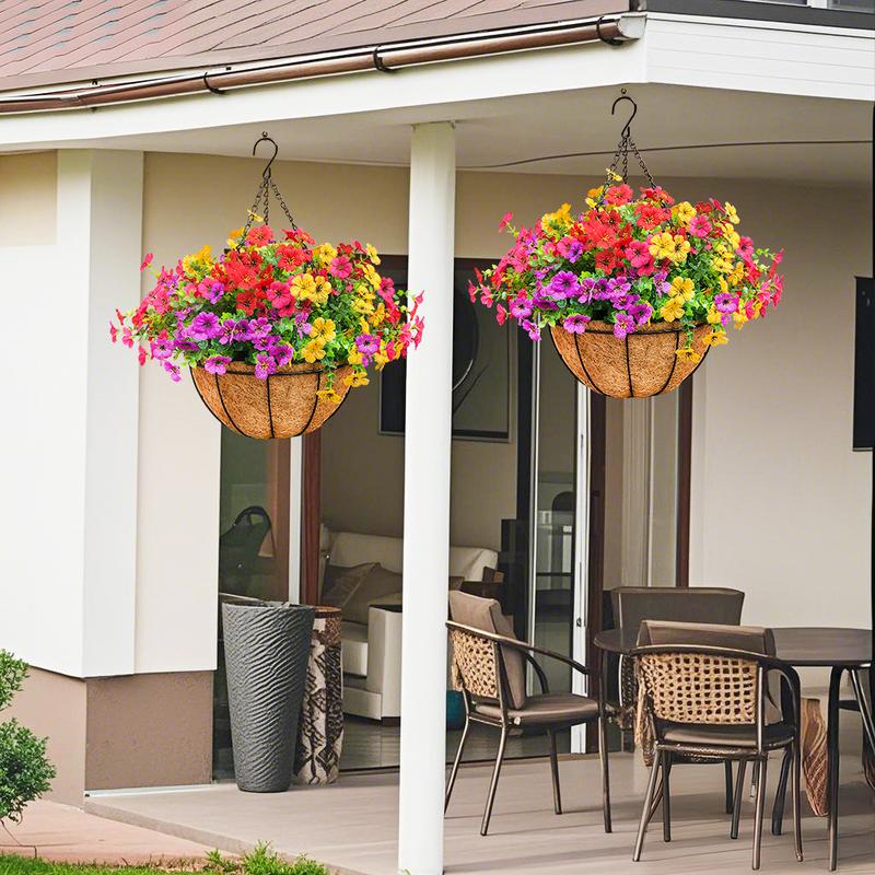 Outdoor Artificial Flowers 2set UV-Resistant Daisy Hanging Baskets Spring & Summer Outdoor Decor Garden, Entrance Hall, Corridor Plastic Flowers Maintenance-Free（ red yellow pink purple））