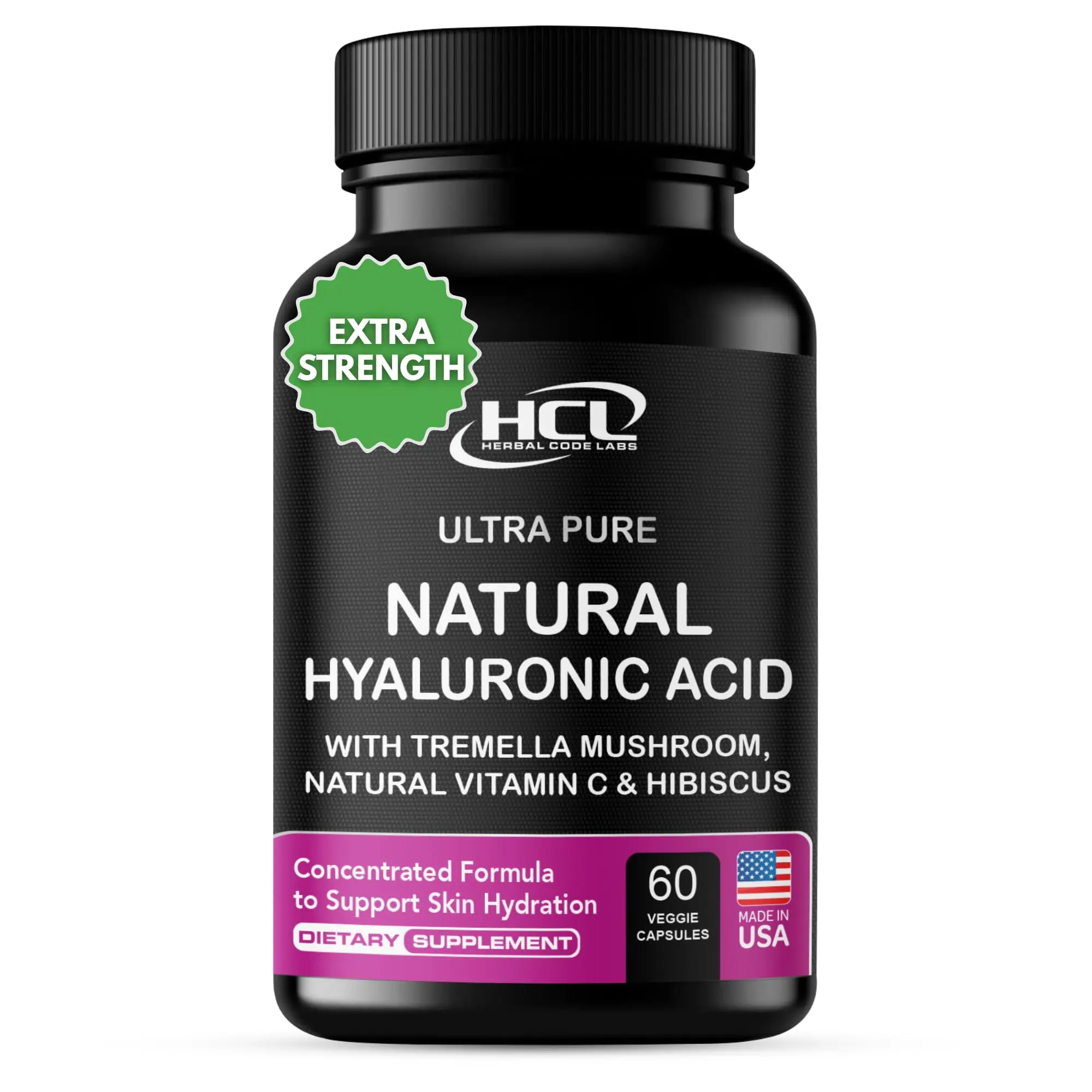 Natural Hyaluronic Acid Supplement 5X Stronger Hydration Pills from Pure Tremella Mushroom with Vitamin C & Hibiscus - Skin Supplement Anti Wrinkle Dietary Capsules - hair nails vitamins