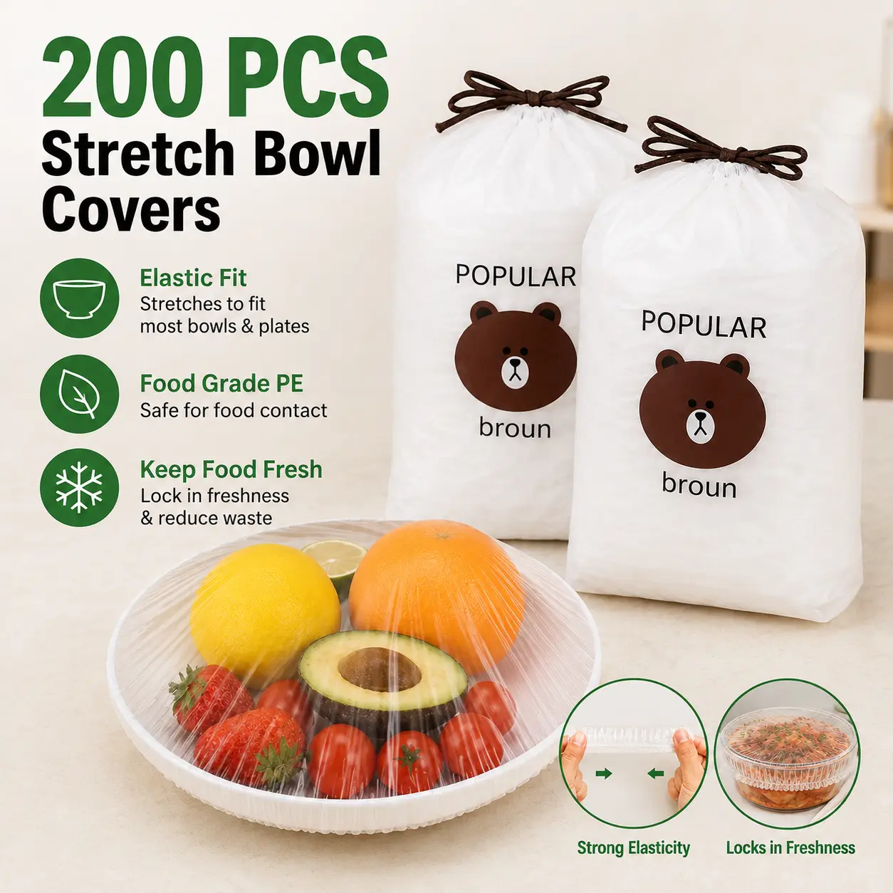 200PCS Disposable Stretch Food Covers for Bowls & Plates, Elastic Bowl Covers, Plastic Wrap Alternative for Leftovers, Fruits, Vegetables & Kitchen Food Storage - MM2
