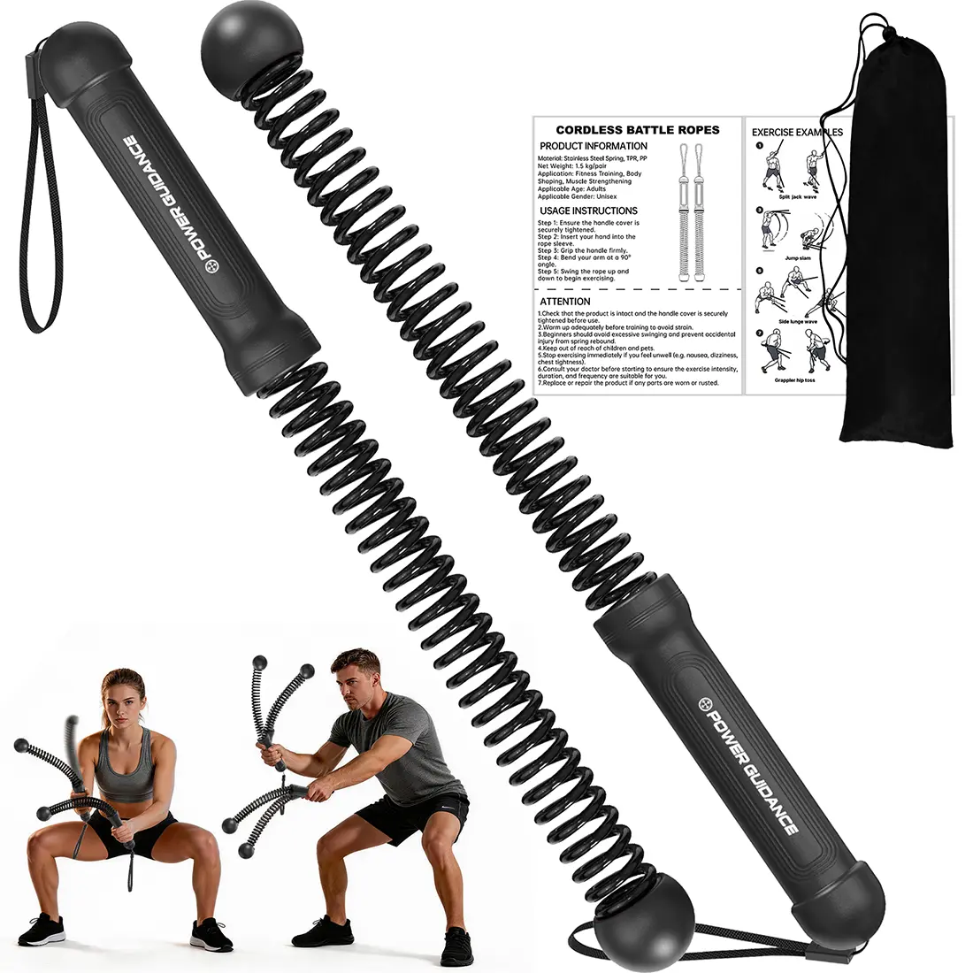POWER GUIDENCE 2pcs Cordless Battle Ropes - Eco-Friendly PP Home Gym Kit, Compact Travel Exercise Equipment for HIIT Workouts, Small Space Training, Fitness Equipment