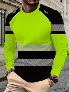 Men's Fluorescent Striped Reflective Round Neck Long Sleeve Top, Soft Breathable Casual Sport Daily Tee, Slim-Fitting Unlined