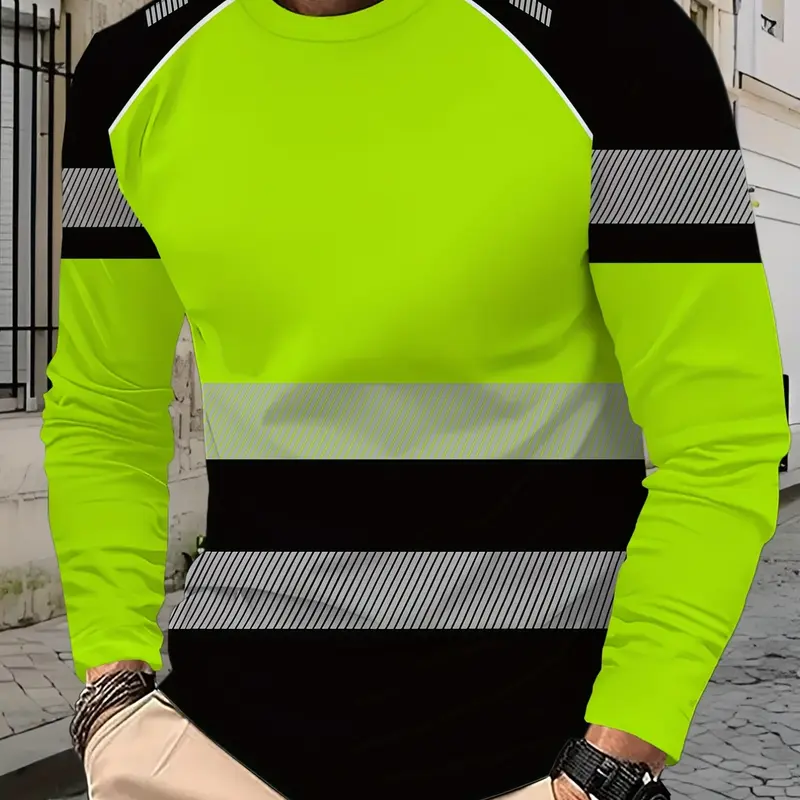 Men's Fluorescent Striped Reflective Round Neck Long Sleeve Top, Soft Breathable Casual Sport Outdoor Daily Athletic Fitted Tee, Sporty Top, Slim-Fitting Unlined, Athletic Tee Shirt