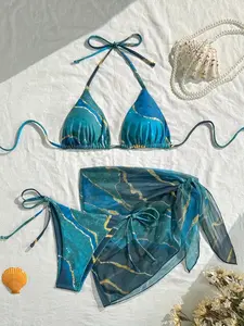 Sexy Hot Marble Texture Three-Piece Tie Side Bikini Set, Mesh Skirt Women's Swimsuit, Stylish Beachwear Fit, Perfect for Summer