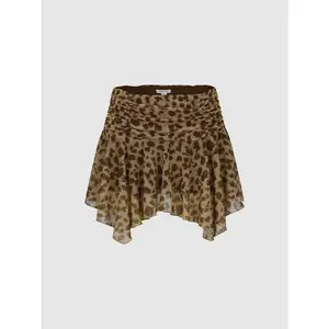 URBAN REVIVO Women's Leopard Print Asymmetric Hem A-Line Mini Skirt - Thin Polyester Fabric, Hip-Flattering Design, Casual Fishtail & Knot-Inspired Bottom Skirt, Fishtail Skirts