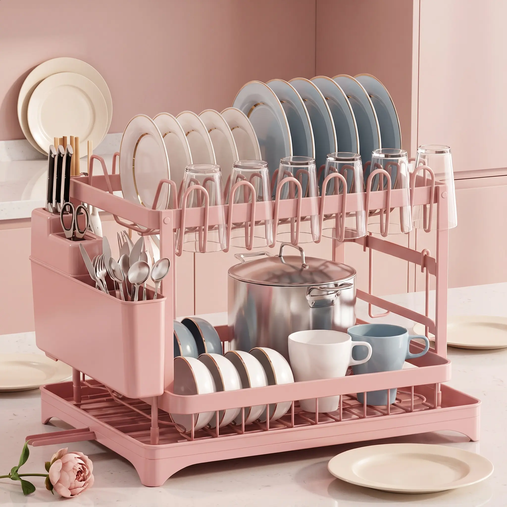 Pink 2-Tier Dish Drying Rack with Drainboard  Space Saving Counter Organizer! Foldable & Detachable Kitchen Gadget for Small Spaces. Rustproof Dish Drainer for RV & Apartment