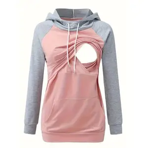 Women's Maternity Contrast Color Hoodies Fashion Hooded Sweatshirt Breast Feeding Tops For Fall Winter, Pregnant Clothing