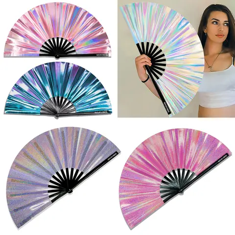 RAVEAHEM 24.5 Inch Iridescent Holographic Large Glam Lightweight Painted Bamboo Hand Fan - Satin Fabric, Folding Clack Gear, Home Decor Wall Accent, Cool Gift for Adults for EDM Club Events, Men's Home Supply