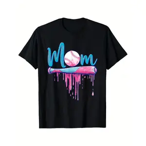 Women'S Baseball Mom Graphic T-Shirt - Cute Pink Baseball Design with "Mom" Text, Crew Neck Short Sleeve Tee for Mother'S Day, Labor Day, Casual Outings, Beach & Sports - All-Season Comfortable Glossy Finish Top