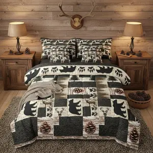 Rustic Cabin Comforter Bed Set with Sheets,7 Piece Western Bear Elk Deer Bed Bag,Farmhouse Lodge Wildlife Bedding Set,Men Adults Country Forest Bed Set