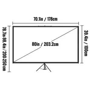 VEVOR Tripod Projector Screen with Stand 80 inch 16: 9 4K HD Projection Screen Stand Wrinkle-Free Height Adjustable Portable Screen for Projector Indoor Outdoor for Movie, Home Cinema, Gaming, Office