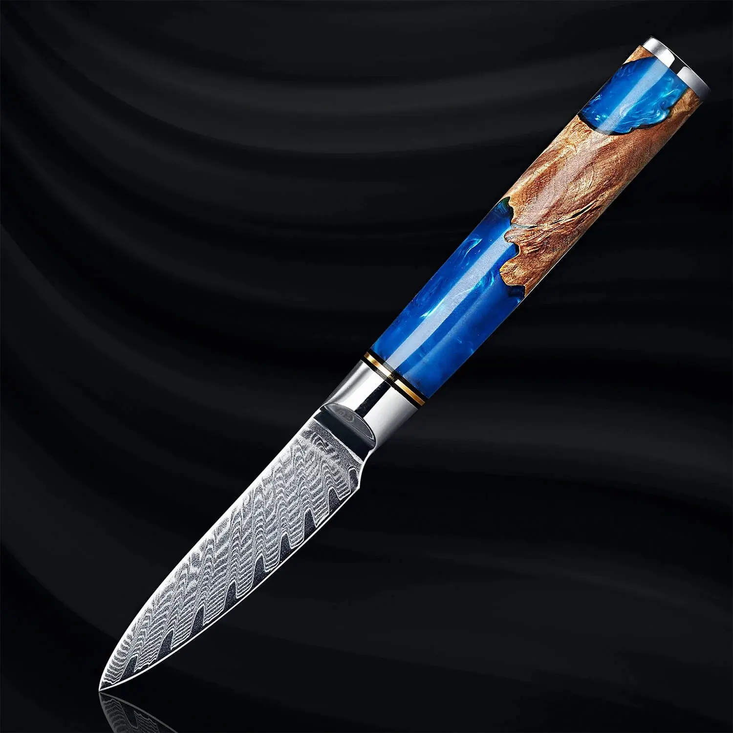 'Tsunami' Damascus Steel Paring Knife with Signature "Tsunami" Blue Resin Wood Blend - 67-layer Japanese VG10 Peeling Knife, 3.5" Blade Fruit Knife - Senken Knives
