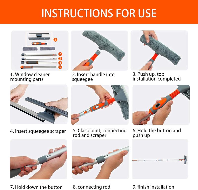 Professional Window Squeegee Cleaner, 2 in 1 Shower Squeegee with Extension Pole, 62‘’ Telescopic Window Washing Equipment with Bendable Head, Glass Cleaning Tools for Indoor/Outdoor High Window