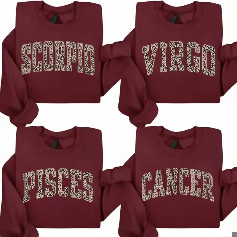 [Full 12 Zodiac] Leopard Print Graphic Sweatshirt – Astrology Sign Pullover, Vintage Horoscope Crewneck for Women, Scorpio Virgo Pisces Cancer Minimal Streetwear