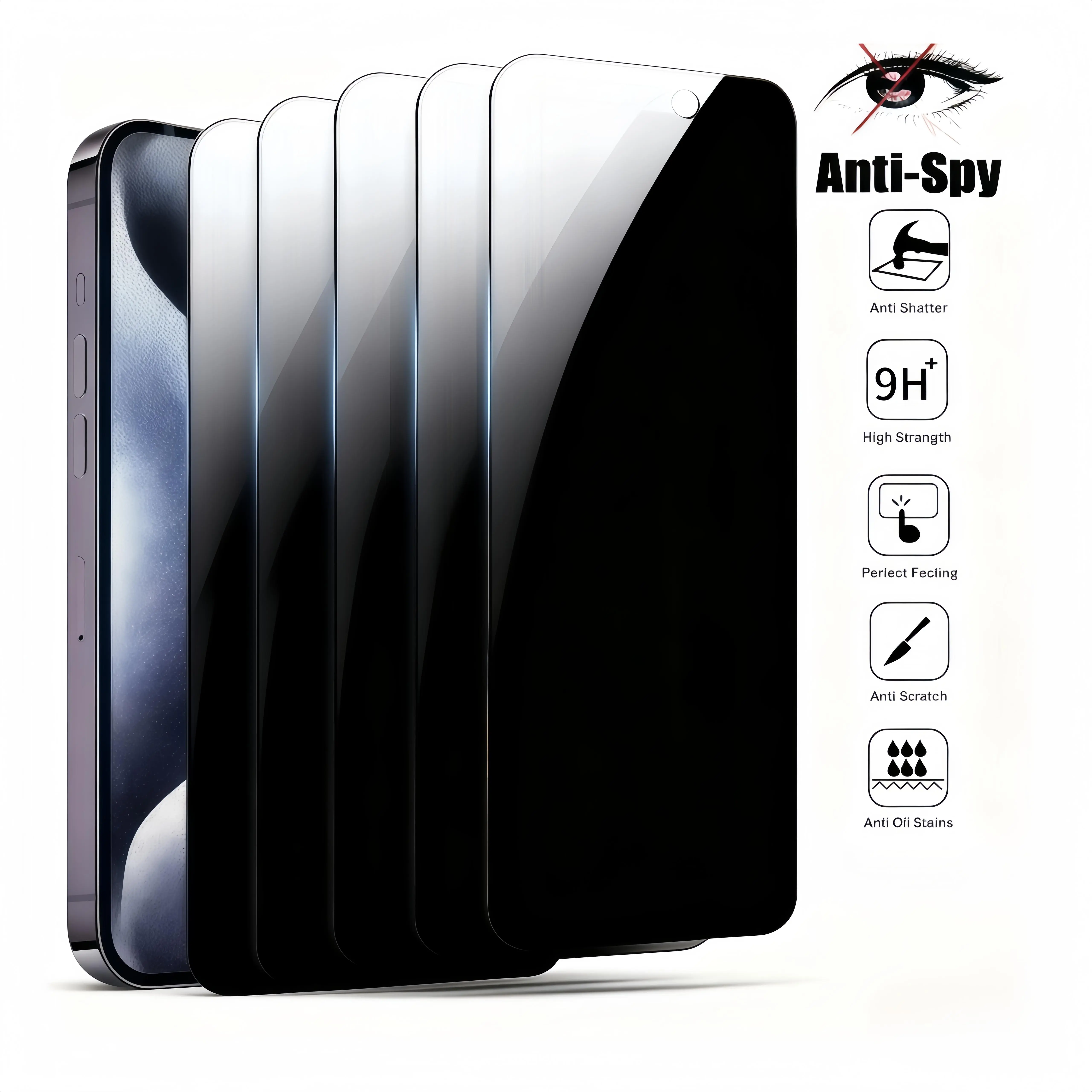 5Pcs Smartphone Privacy Tempered Glass Screen Protector, Anti-Spy, Scratch-Resistant, Full Coverage with Camera Lens Protection, Compatible with iPhone 11/12/13/14/15/16/16e/17 Plus/Air/Pro Max, Includes Bubble-Removal Pad & Handheld Cleaning Cloth
