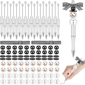 Beadable Pens Bulk Winter Bead Pens and Snowmen Wooden Beads Buffalo Plaid Ribbon Snowman Ballpoint Pens Plastic Black Ink Pen Winter Gifts for Christmas  Students School Office Supplies(102 Pcs)