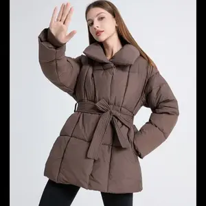 Go.G.G Mid Length Belted Puffer Jacket Womenswear, Winter Warm Classic Quilted Outerwear, Button Front Full Zip Long Sleeve Coats with Deep Pockets