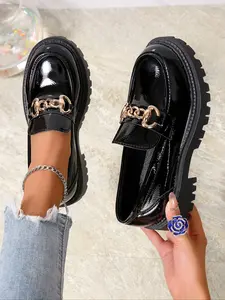 Women's Autumn Casual Fashion Flatform Loafers Footwear, Round Toe Design, Height Increasing Thick Sole Metal Buckle Detail, Perfect for Daily Wear