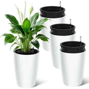 Self Watering Planter Set of 4, Modern 16 Inch Tall Pots with Built-in Drainage and Water Level Gauge, Large Outdoor Indoor Planters for Garden Patio Balcony Home Decor, White or Black