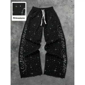Men's Street Style Straight Leg Sweatpants, Design Sense American Fashion Rhinestone Embroidery, Unisex Casual Pants for Daily Wear