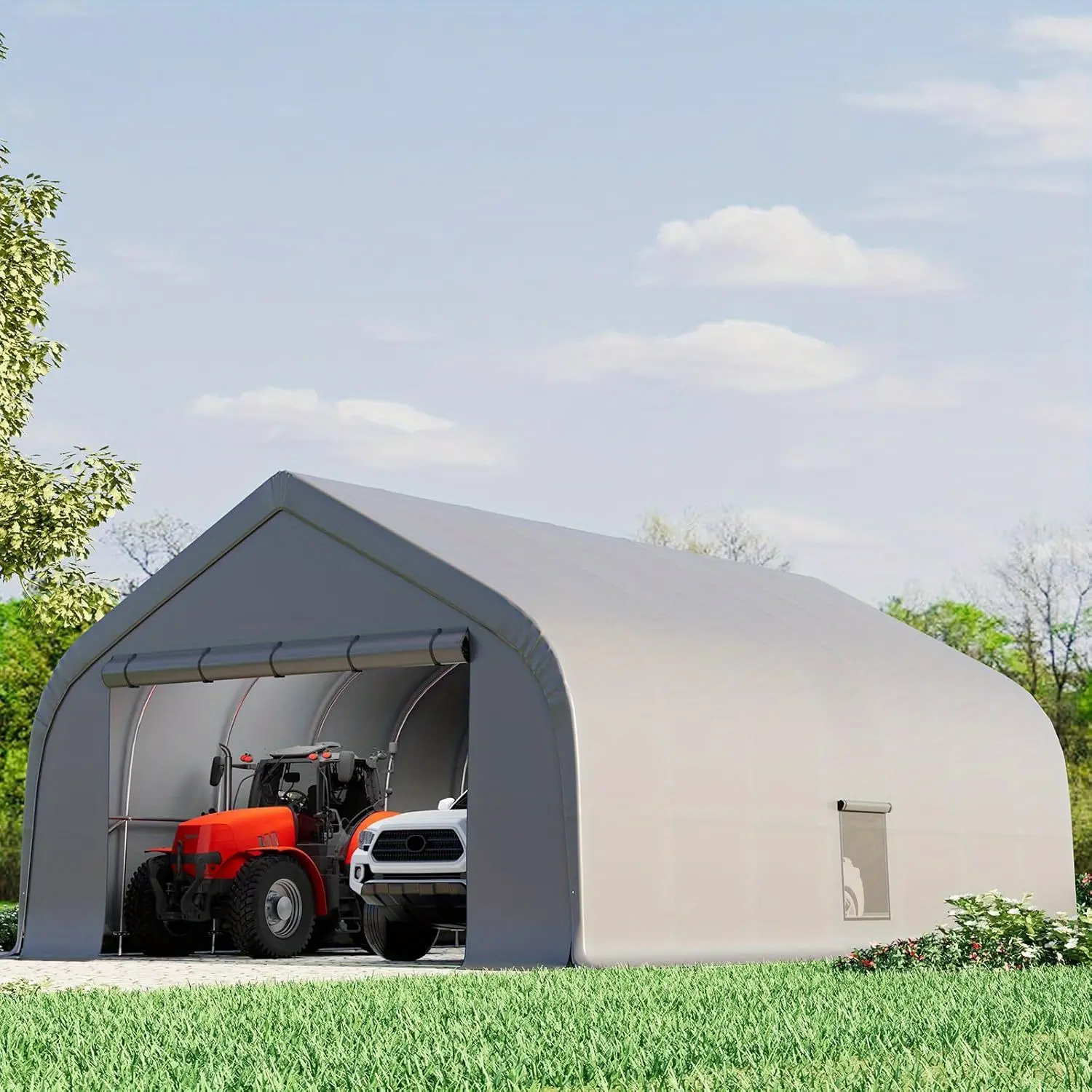 Heavy-Duty Carport Measuring 20X30 Feet, Featuring a Galvanized Steel Frame for Garage Shelter And Outdoor Storage. It Includes a Waterproof 3-Layer PE Cover And Is Suitable for 2 Cars, a Boat, Or Farm Equipment, in a Silver Gray Color