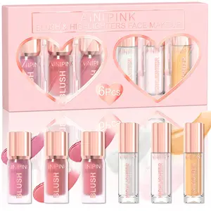 AINIPINK 6PCS Blush + Highlight Set. The high-gloss liquid offers long-lasting waterproofing and moisturizing smoothness. Blush is moisturizing, light and easy to apply, brightens the complexion, and is a gift for women's cosmetics and festivals.
