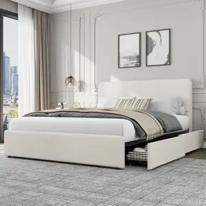 Garvee Upholstered Platform Bed Frame with Headboard, Faux Leather Low Profile Bed Frame with Storage Drawers, Wood Slat Support, No Box Spring Needed, Easy Assembly