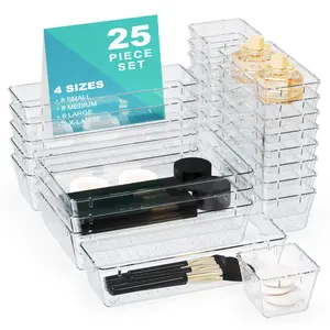 25-Piece Plastic Drawer Organizer Set 4-Size Stackable Storage Bins Trays for Home Office Kitchen Cabinet Acrylic Material