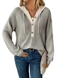 Plus Size Women's Casual Everyday Hooded Sweatshirt with Button Design, Loose-Fit Long Sleeve Pullover for Spring & Fall Seasons, Patchwork
