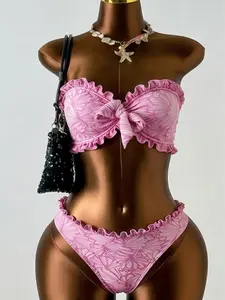 Two-Piece Bikini Set, Girls' Rose Floral Pattern, Removable Shoulder Straps, Elastic Waist Design, Perfect for Summer Beachwear, Floral Swimsuit