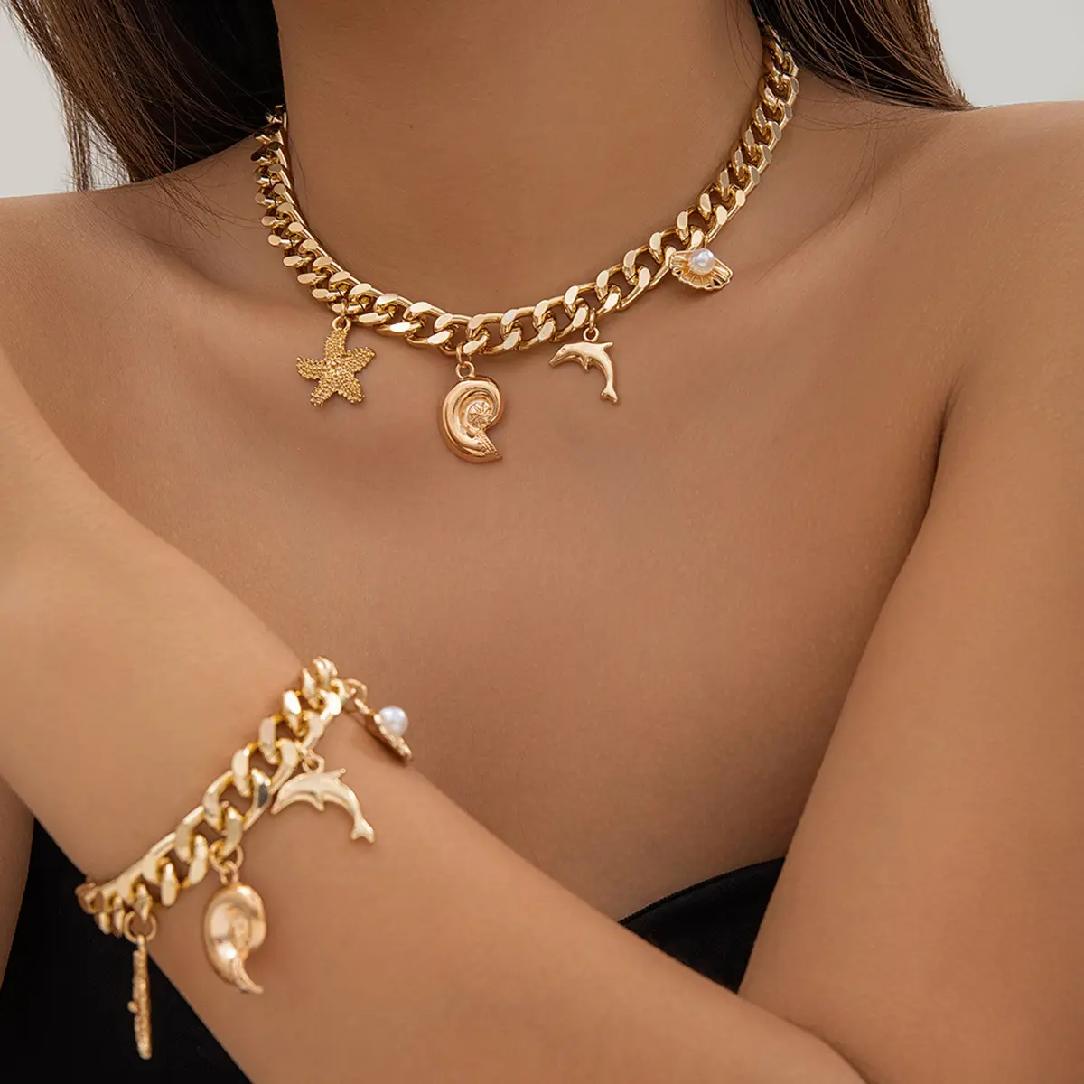 Polish & Poise Boho Conch & Dolphin Pendant Necklace Starfish Tassel Choker for Women Vintage Coastal Charm Ocean-Themed Jewelry