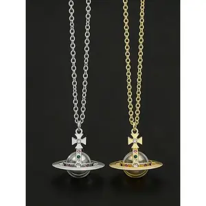 Punk style Saturn necklace with Rhinestone cross pendant vintage fashion neutral daily accessory