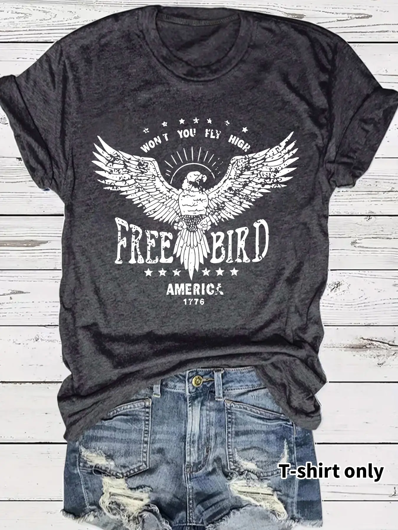 American Patriotic Eagle Print Casual Everyday Short Sleeve T-Shirt, Summer Fitted Round Neck Women's Top, Comfortable Breathable Fashion Tee