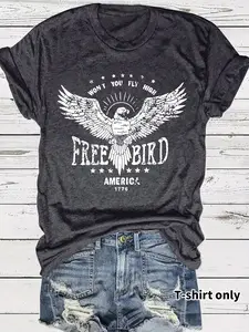 American Patriotic Eagle Print Casual Short Sleeve T-Shirt, Summer Fitted Round Neck Women's Top, Comfortable Breathable Fashion Tee
