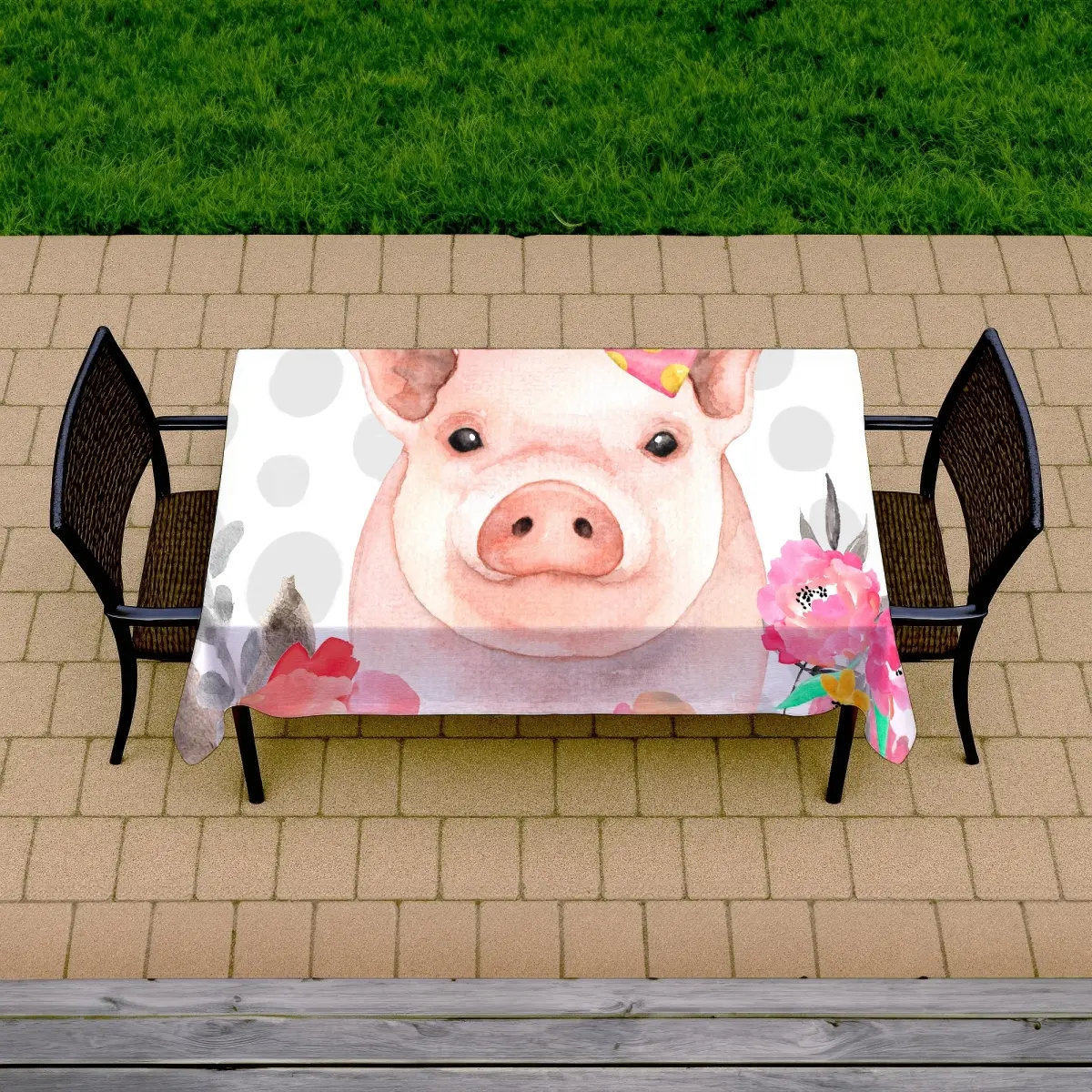 360 Stand Blush Pink Pig Motif Rectangle Tablecloth - 58x102 in, Easycare Durable Sturdy Weatherproof Family Picnic Table Cover for Indoor-Outdoor Furniture Decor