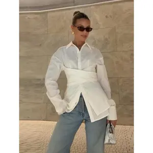 Waist - cinching and belt - tied turnover - collar shirt, a new casual style for spring 2025, single - breasted and figure - flattering top Fabric Fit Soft Womenswear Blouse Breathable Button Elegant