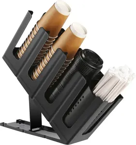 Paper Cup and Lid Holder with Straw Organizer, Disposable Coffee Cup Dispenser for Countertop Coffee Station Bar Restaurant Breakroom, Black