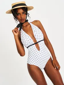 Olive White Base Polka Dot Ruched Halter Backless Swimsuit