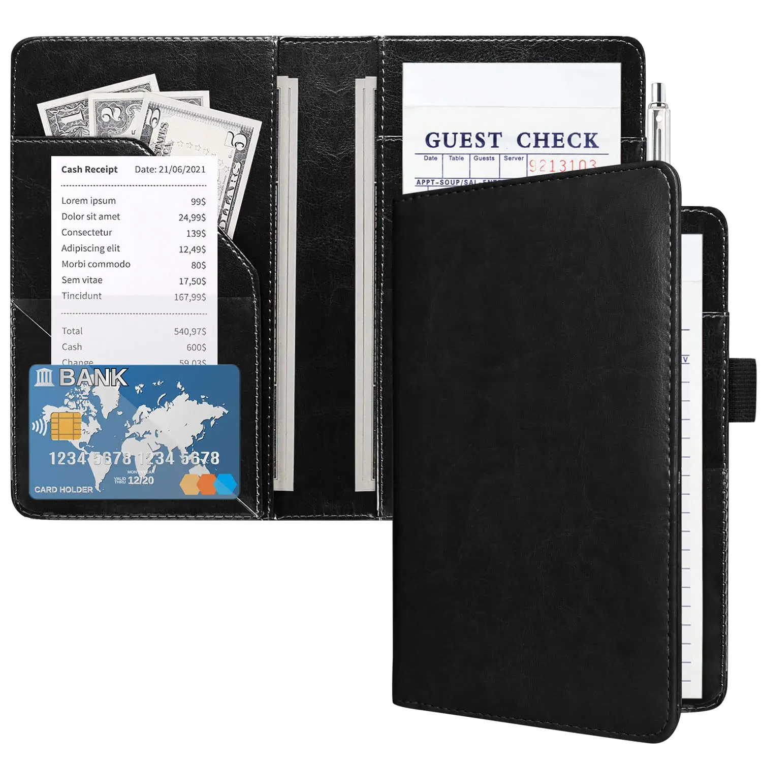 Black Synthetic Server Book for Waitresses - Lightweight, Thin, 7-Pocket Leather Organizer Wallet, Check Bill Receipt Holder Presenter, Easy-to-Clean Waiter Accessory for Server Aprons (Office Accounting Supplies)
