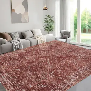 GARVEE 8x10 Washable Rugs Distressed Vintage Tribal Checkered Area Rug for Living Room Bedroom Office Low Pile Neutral Soft Nursery Carpet Non Slip Farmhouse Floor Cover Brick Red