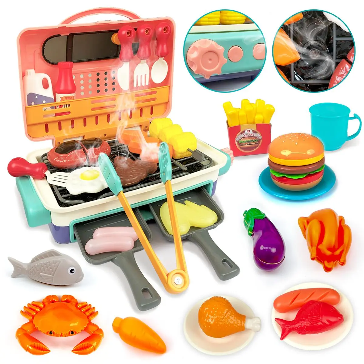 BBQ Grill Playset for Kids 3–8, Pretend Cooking Kitchen Toy with Spray Mist, Lights and Color Changing Play Food, Birthday Gift
