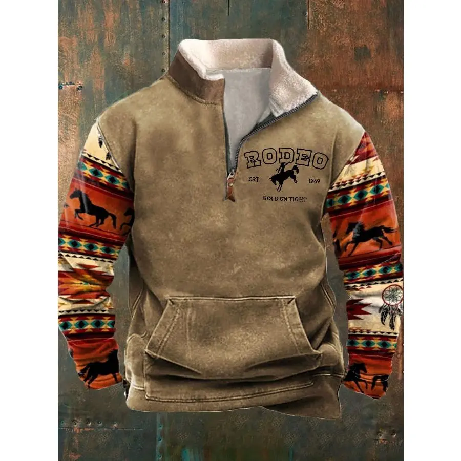 Men's Vintage Printed Casual Long Sleeve Denim Hoodie/4 Zipper, Western Aztec Fleece Pullover Sweater, Winter Autumn Menswear Tops Men's Vintage Printed Casual Long Sleeve Denim Hoodie/4 Zipper, Western Aztec Fleece Pullover Sweater, Winter Autumn Menswear Tops