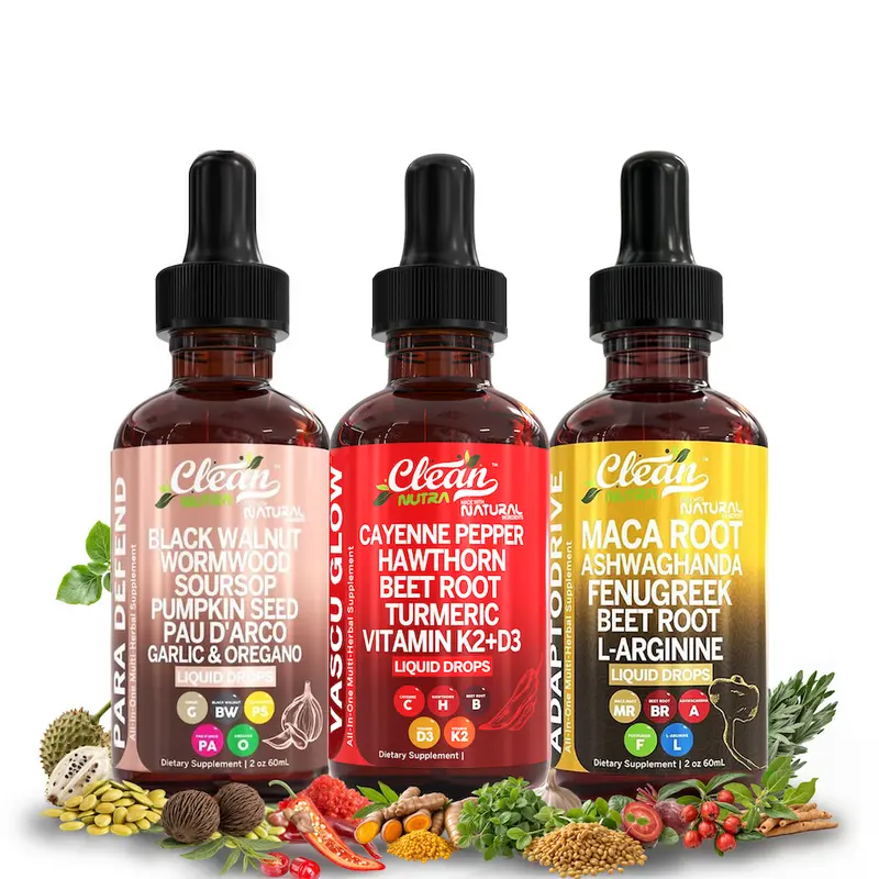 Clean Nutra Vital Reset Trio | Black Walnut, Cayenne Pepper, MACA Root & More Liquid Drops for Energy, Circulation & Detox Support Liquid Drops [Para Defend + Vascu Glow + AdaptoDrive]