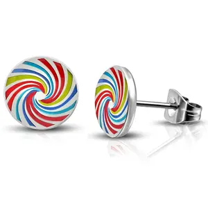 Steel Rainbow Spiral Lollipop Candy Circle Round Button Stud Post Earrings