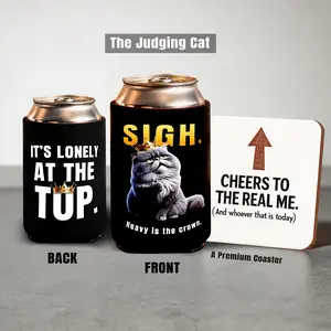 Funny Animal Can Cooler Set with Premium Coaster – Cat Dog Goose Beer Sleeve for 12oz Cans – Sarcastic Gag Gift, Party Gift, Funny Drink Holder