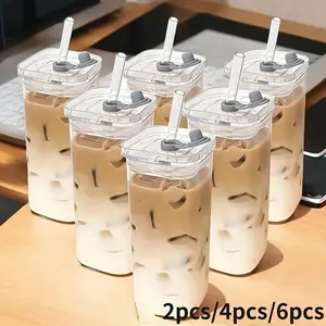 2/4/6 Counts Drinking Cup, High Borosilicate Thin Glass Rectangular Heat-resistant Glass Mug with Lid and Straw, Versatile for Hot Or Cold Beverages, Drinking Glasses