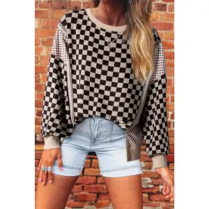 Khaki Mixed Checkered Pattern Patchwork High Low Casual Top