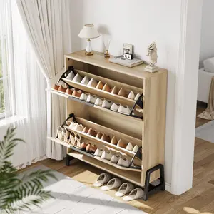 Shoe Storage Cabinet with 2 Flip Drawers, Freestanding Shoe Organizer with Metal Legs, Narrow Shoe Rack Cabinet for Entryway, Hallway, Living Room, Natural